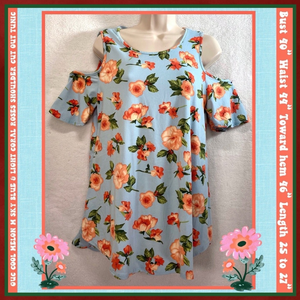GUC M TUNIC SKY BLUE & LIGHT CORAL FLORAL PRINT SHOULDER CUTOUT~ COOL MELON